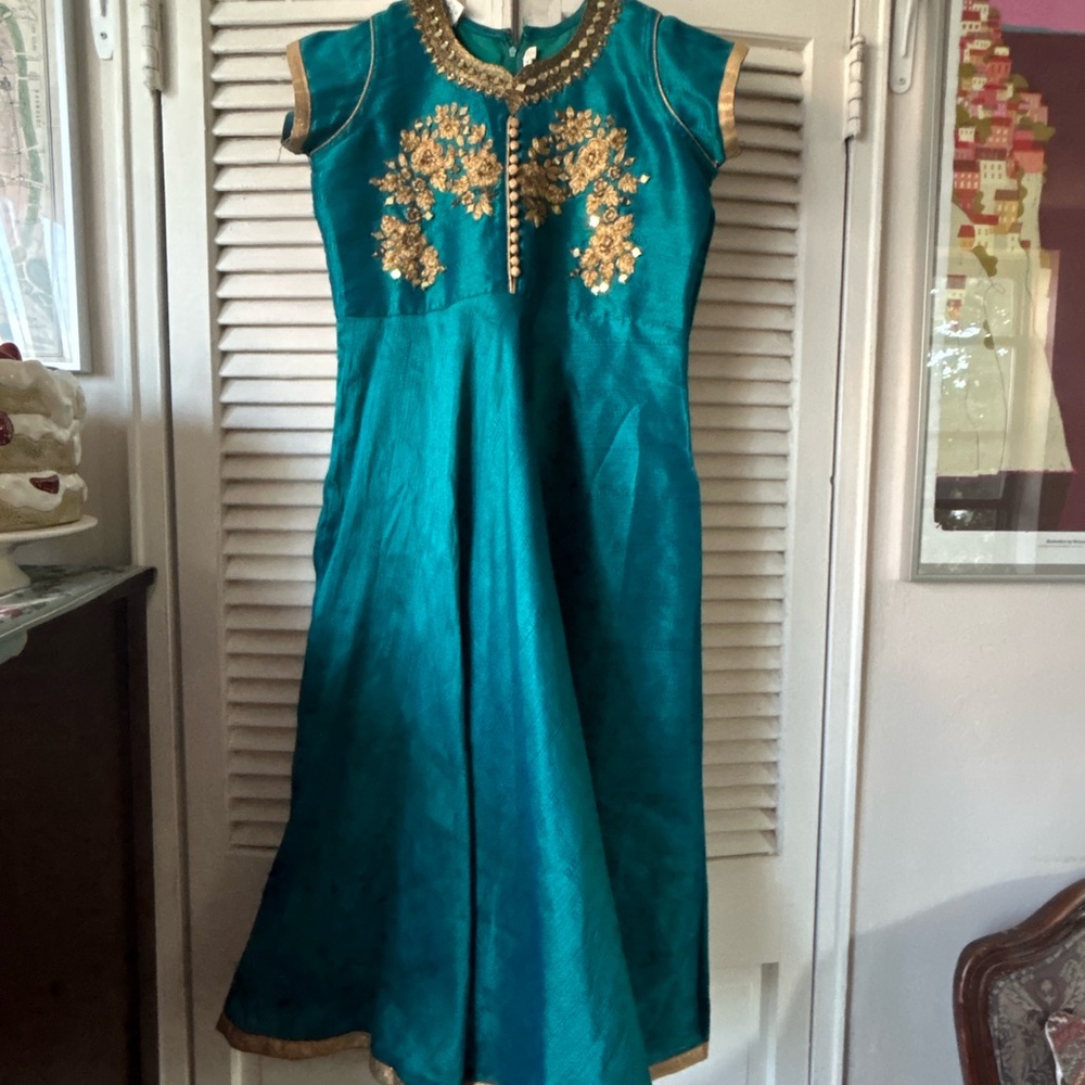 Teal and Gold Embroidered Dress